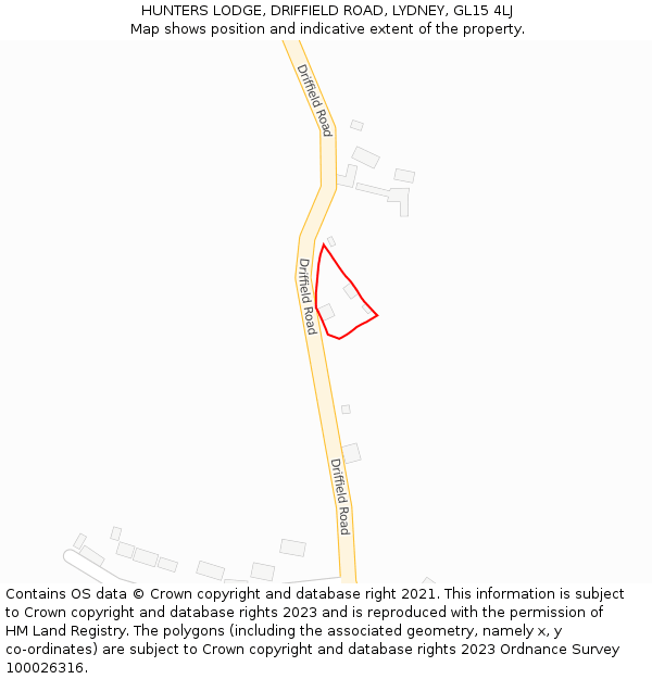 HUNTERS LODGE, DRIFFIELD ROAD, LYDNEY, GL15 4LJ: Location map and indicative extent of plot