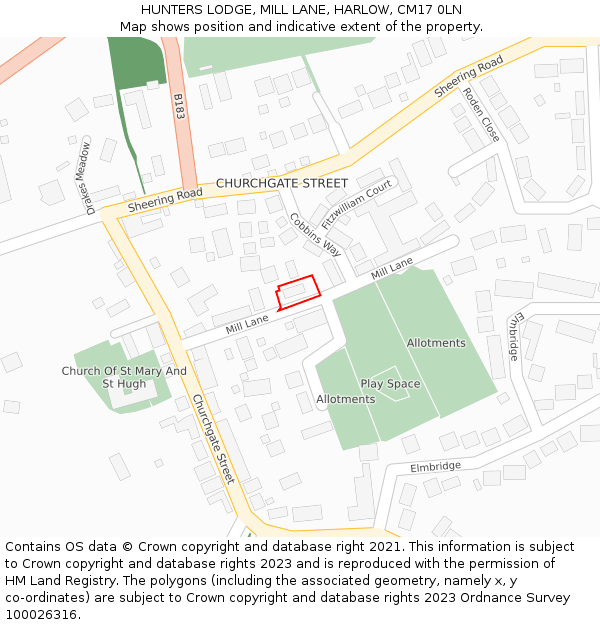 HUNTERS LODGE, MILL LANE, HARLOW, CM17 0LN: Location map and indicative extent of plot