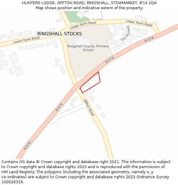 HUNTERS LODGE, OFFTON ROAD, RINGSHALL, STOWMARKET, IP14 2QA: Location map and indicative extent of plot