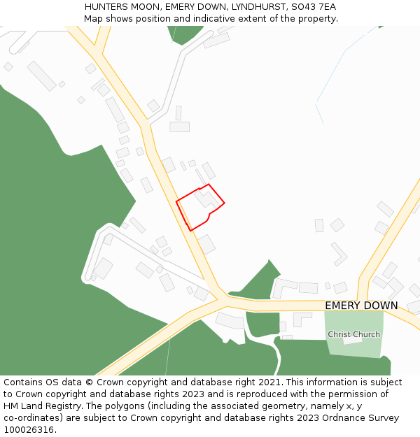 HUNTERS MOON, EMERY DOWN, LYNDHURST, SO43 7EA: Location map and indicative extent of plot