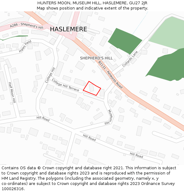 HUNTERS MOON, MUSEUM HILL, HASLEMERE, GU27 2JR: Location map and indicative extent of plot