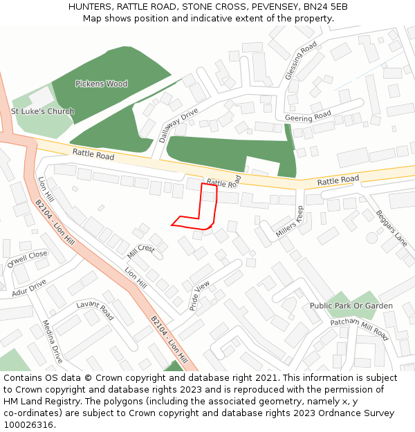 HUNTERS, RATTLE ROAD, STONE CROSS, PEVENSEY, BN24 5EB: Location map and indicative extent of plot