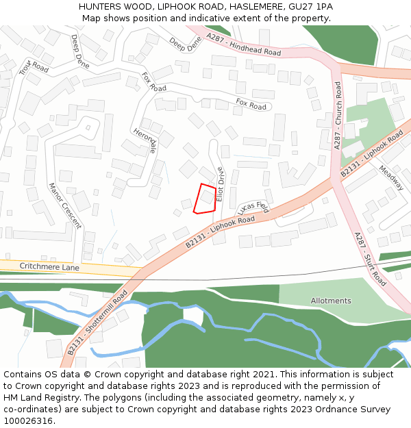 HUNTERS WOOD, LIPHOOK ROAD, HASLEMERE, GU27 1PA: Location map and indicative extent of plot