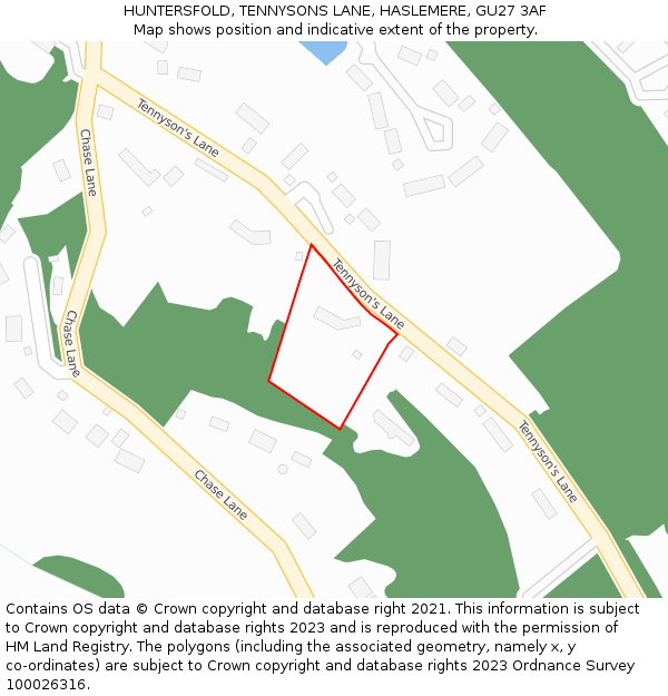 HUNTERSFOLD, TENNYSONS LANE, HASLEMERE, GU27 3AF: Location map and indicative extent of plot