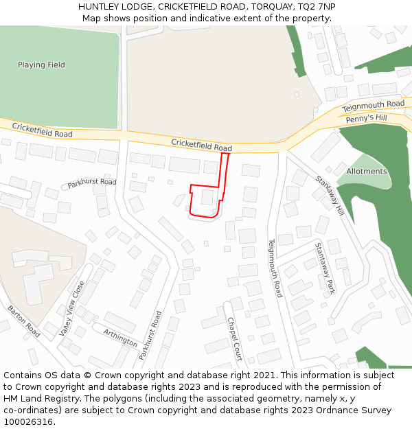 HUNTLEY LODGE, CRICKETFIELD ROAD, TORQUAY, TQ2 7NP: Location map and indicative extent of plot