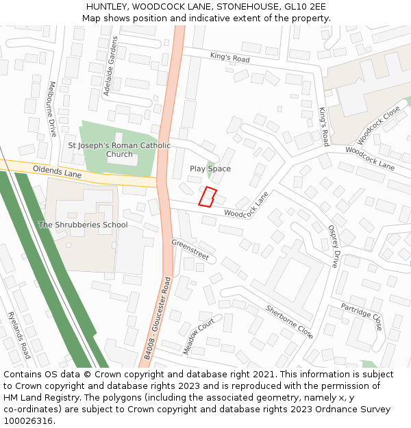 HUNTLEY, WOODCOCK LANE, STONEHOUSE, GL10 2EE: Location map and indicative extent of plot