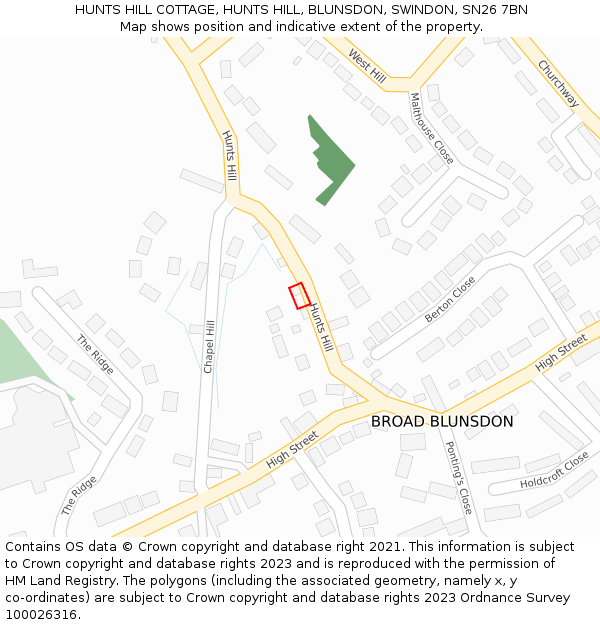 HUNTS HILL COTTAGE, HUNTS HILL, BLUNSDON, SWINDON, SN26 7BN: Location map and indicative extent of plot