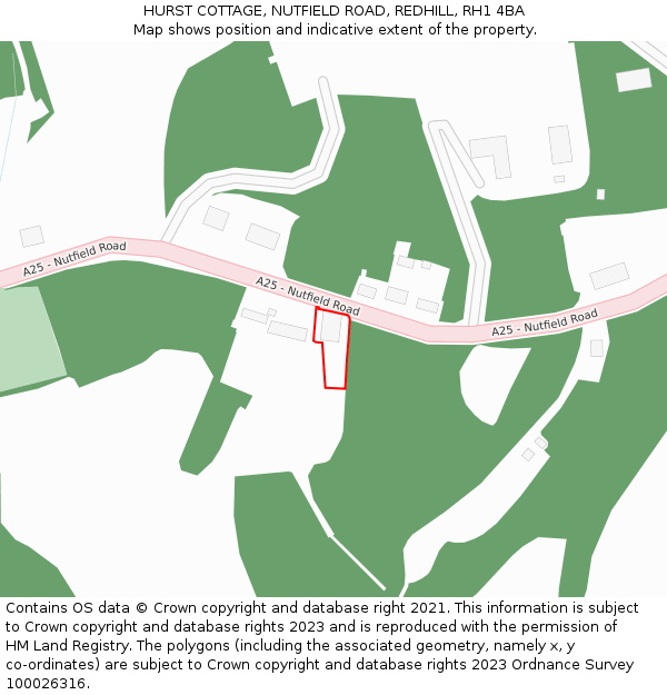 HURST COTTAGE, NUTFIELD ROAD, REDHILL, RH1 4BA: Location map and indicative extent of plot