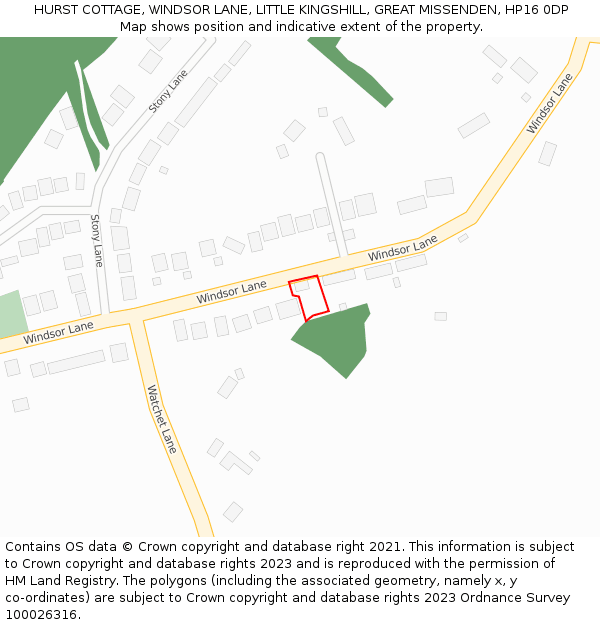 HURST COTTAGE, WINDSOR LANE, LITTLE KINGSHILL, GREAT MISSENDEN, HP16 0DP: Location map and indicative extent of plot