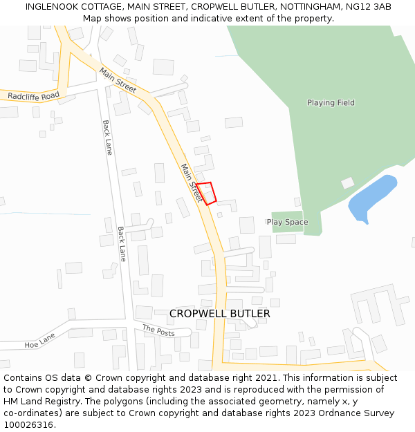INGLENOOK COTTAGE, MAIN STREET, CROPWELL BUTLER, NOTTINGHAM, NG12 3AB: Location map and indicative extent of plot