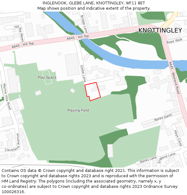 INGLENOOK, GLEBE LANE, KNOTTINGLEY, WF11 8ET: Location map and indicative extent of plot