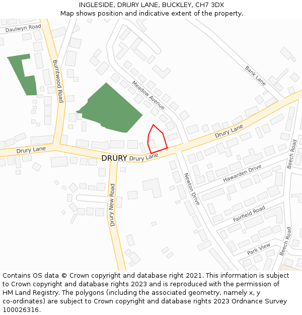 INGLESIDE, DRURY LANE, BUCKLEY, CH7 3DX: Location map and indicative extent of plot