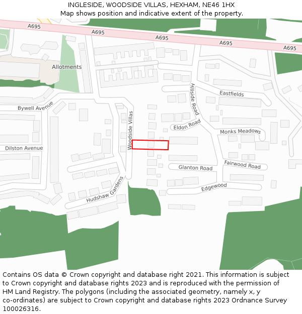 INGLESIDE, WOODSIDE VILLAS, HEXHAM, NE46 1HX: Location map and indicative extent of plot