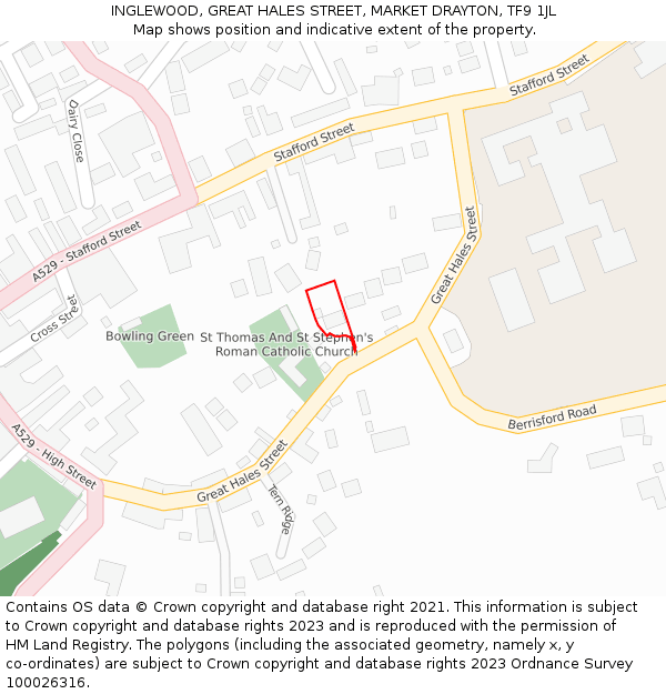 INGLEWOOD, GREAT HALES STREET, MARKET DRAYTON, TF9 1JL: Location map and indicative extent of plot