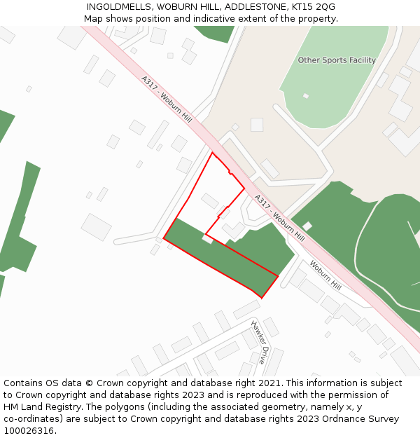 INGOLDMELLS, WOBURN HILL, ADDLESTONE, KT15 2QG: Location map and indicative extent of plot