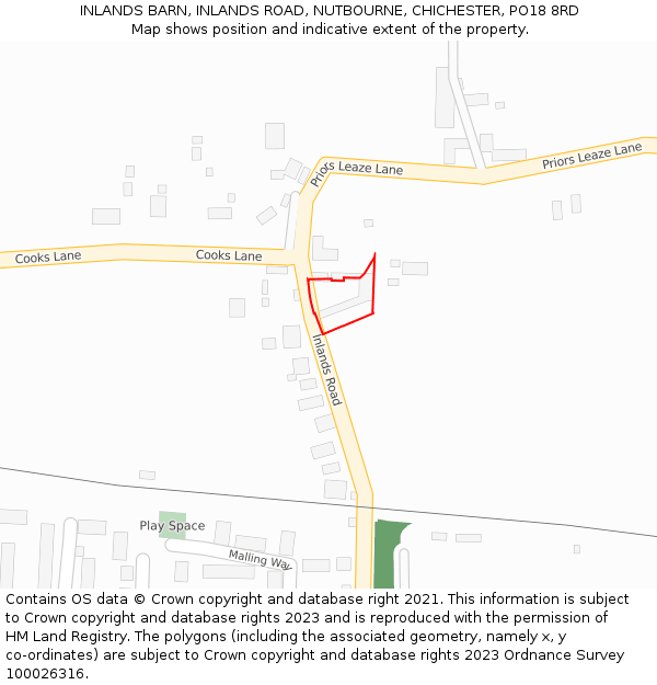 INLANDS BARN, INLANDS ROAD, NUTBOURNE, CHICHESTER, PO18 8RD: Location map and indicative extent of plot