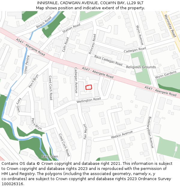 INNISFAILE, CADWGAN AVENUE, COLWYN BAY, LL29 9LT: Location map and indicative extent of plot