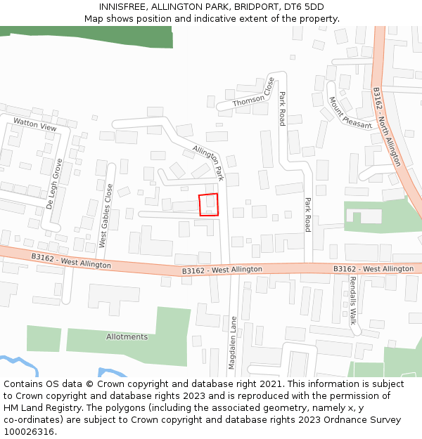 INNISFREE, ALLINGTON PARK, BRIDPORT, DT6 5DD: Location map and indicative extent of plot