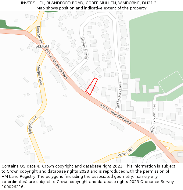 INVERSHIEL, BLANDFORD ROAD, CORFE MULLEN, WIMBORNE, BH21 3HH: Location map and indicative extent of plot