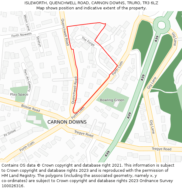 ISLEWORTH, QUENCHWELL ROAD, CARNON DOWNS, TRURO, TR3 6LZ: Location map and indicative extent of plot