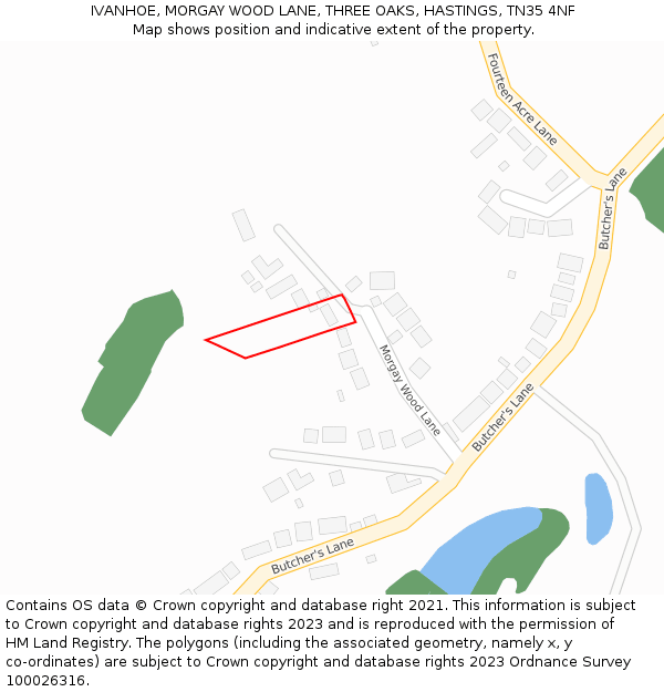 IVANHOE, MORGAY WOOD LANE, THREE OAKS, HASTINGS, TN35 4NF: Location map and indicative extent of plot