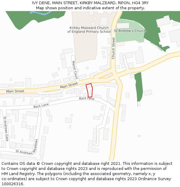 IVY DENE, MAIN STREET, KIRKBY MALZEARD, RIPON, HG4 3RY: Location map and indicative extent of plot