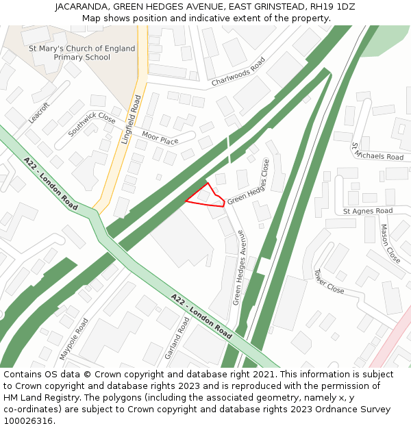 JACARANDA, GREEN HEDGES AVENUE, EAST GRINSTEAD, RH19 1DZ: Location map and indicative extent of plot