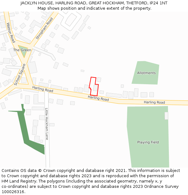 JACKLYN HOUSE, HARLING ROAD, GREAT HOCKHAM, THETFORD, IP24 1NT: Location map and indicative extent of plot