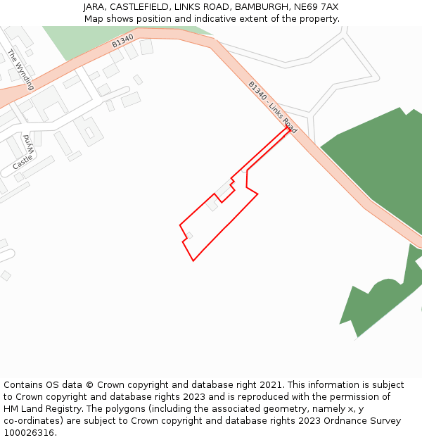 JARA, CASTLEFIELD, LINKS ROAD, BAMBURGH, NE69 7AX: Location map and indicative extent of plot