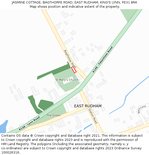 JASMINE COTTAGE, BAGTHORPE ROAD, EAST RUDHAM, KING'S LYNN, PE31 8RA: Location map and indicative extent of plot