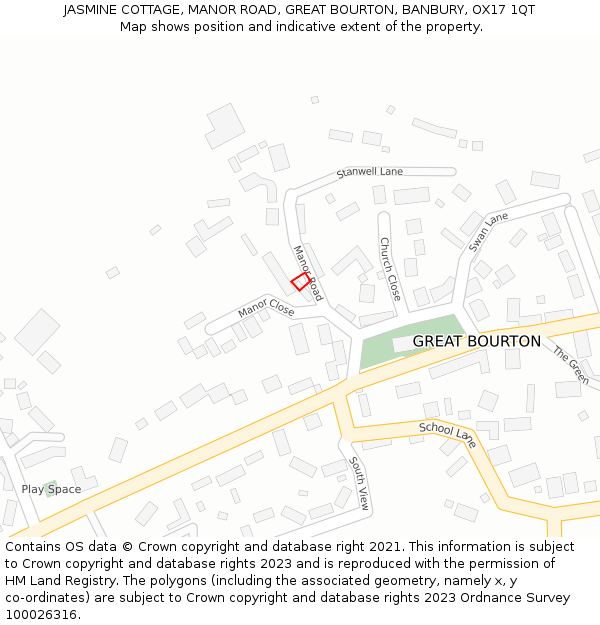 JASMINE COTTAGE, MANOR ROAD, GREAT BOURTON, BANBURY, OX17 1QT: Location map and indicative extent of plot