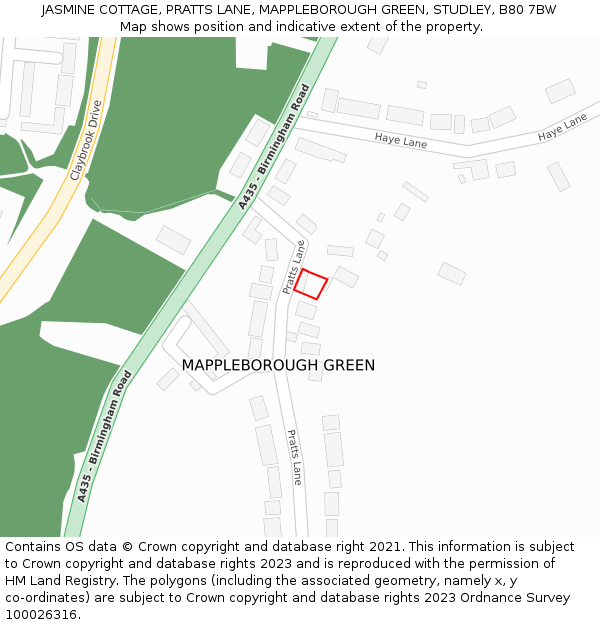JASMINE COTTAGE, PRATTS LANE, MAPPLEBOROUGH GREEN, STUDLEY, B80 7BW: Location map and indicative extent of plot