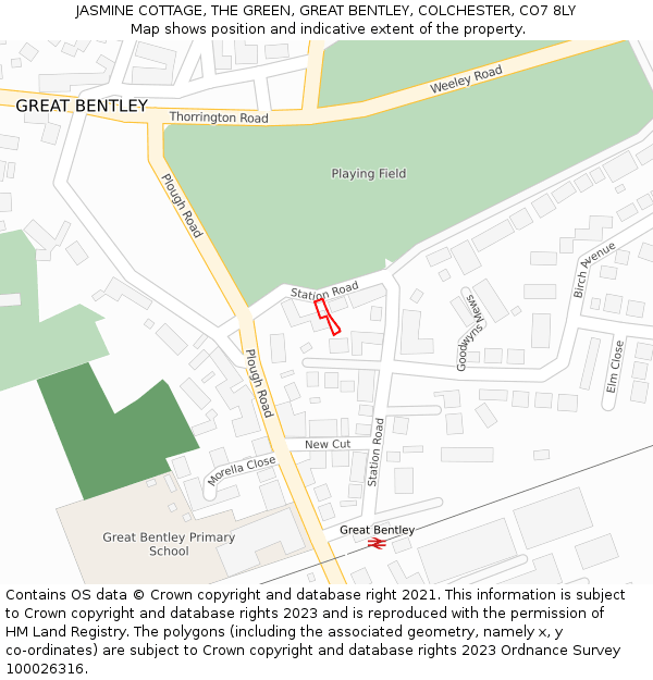 JASMINE COTTAGE, THE GREEN, GREAT BENTLEY, COLCHESTER, CO7 8LY: Location map and indicative extent of plot