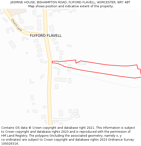 JASMINE HOUSE, BISHAMPTON ROAD, FLYFORD FLAVELL, WORCESTER, WR7 4BT: Location map and indicative extent of plot