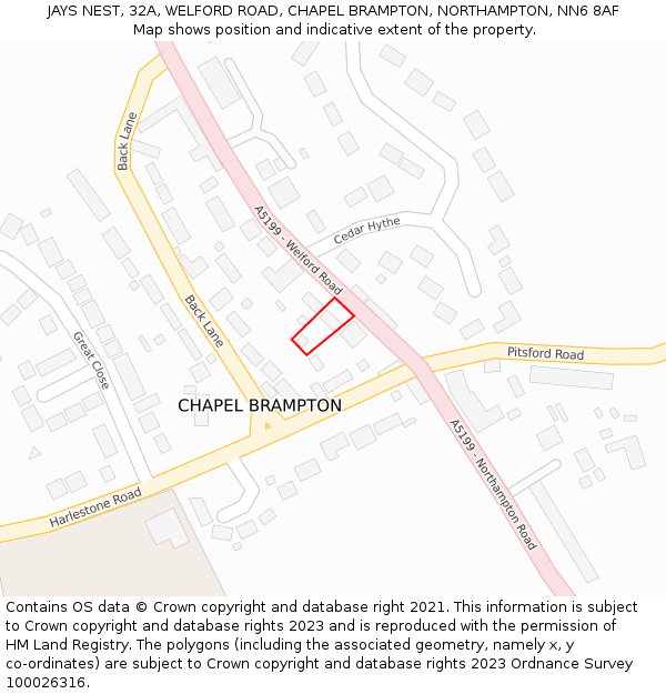 JAYS NEST, 32A, WELFORD ROAD, CHAPEL BRAMPTON, NORTHAMPTON, NN6 8AF: Location map and indicative extent of plot