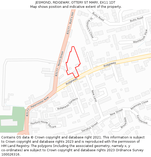 JESMOND, RIDGEWAY, OTTERY ST MARY, EX11 1DT: Location map and indicative extent of plot