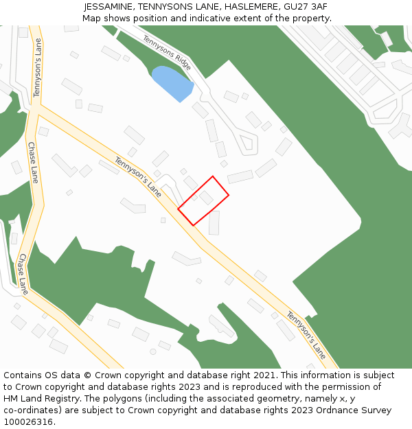 JESSAMINE, TENNYSONS LANE, HASLEMERE, GU27 3AF: Location map and indicative extent of plot