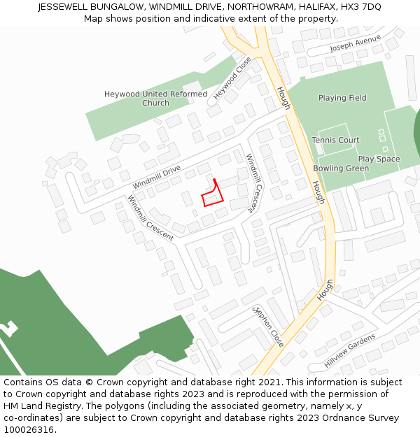 JESSEWELL BUNGALOW, WINDMILL DRIVE, NORTHOWRAM, HALIFAX, HX3 7DQ: Location map and indicative extent of plot