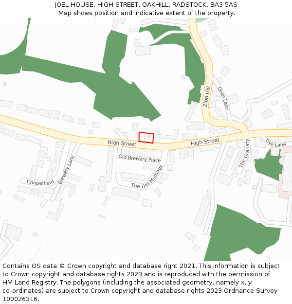 JOEL HOUSE, HIGH STREET, OAKHILL, RADSTOCK, BA3 5AS: Location map and indicative extent of plot