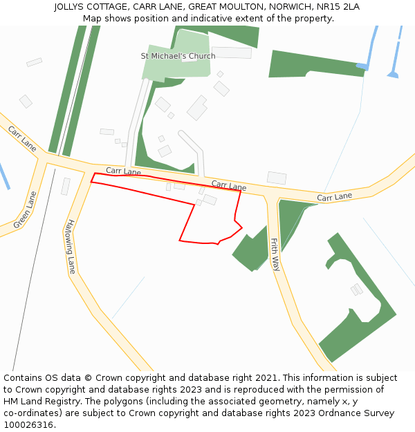 JOLLYS COTTAGE, CARR LANE, GREAT MOULTON, NORWICH, NR15 2LA: Location map and indicative extent of plot