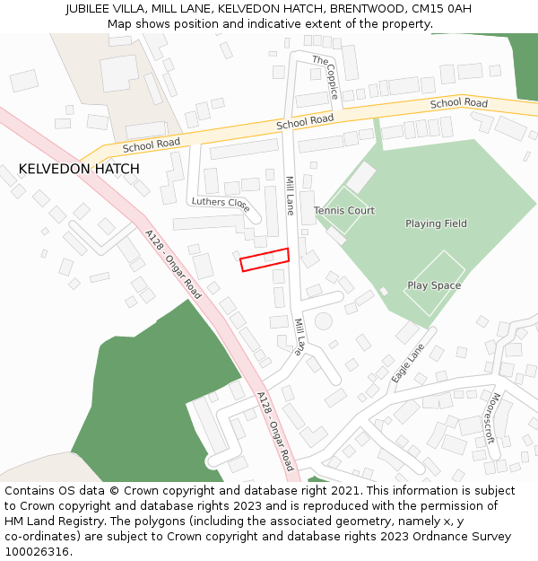 JUBILEE VILLA, MILL LANE, KELVEDON HATCH, BRENTWOOD, CM15 0AH: Location map and indicative extent of plot