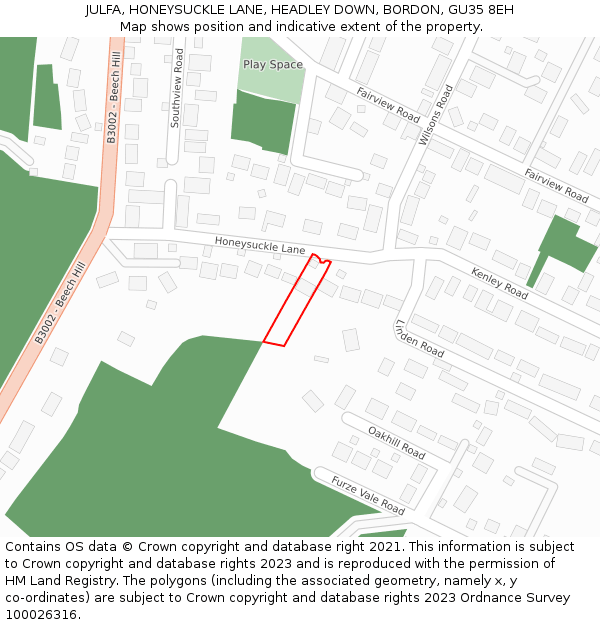 JULFA, HONEYSUCKLE LANE, HEADLEY DOWN, BORDON, GU35 8EH: Location map and indicative extent of plot