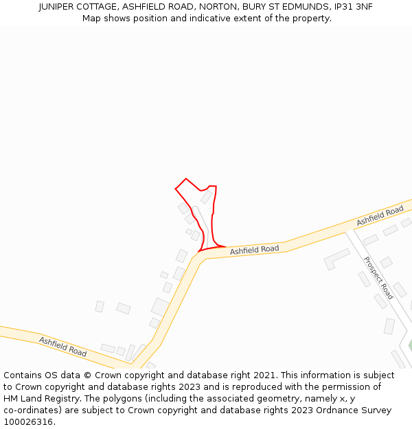 JUNIPER COTTAGE, ASHFIELD ROAD, NORTON, BURY ST EDMUNDS, IP31 3NF: Location map and indicative extent of plot