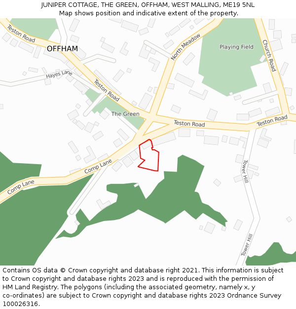 JUNIPER COTTAGE, THE GREEN, OFFHAM, WEST MALLING, ME19 5NL: Location map and indicative extent of plot