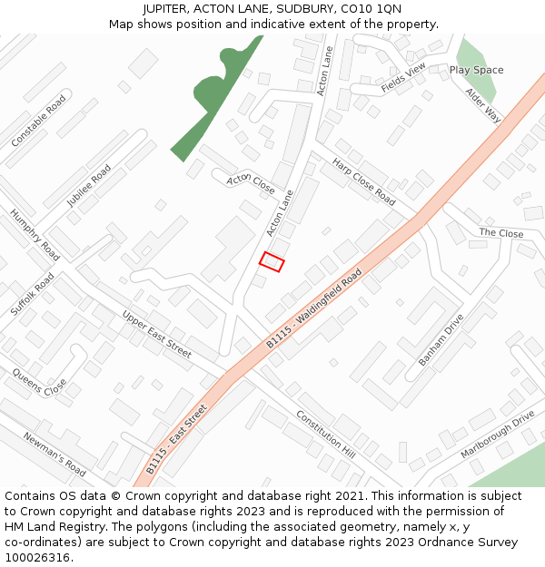 JUPITER, ACTON LANE, SUDBURY, CO10 1QN: Location map and indicative extent of plot