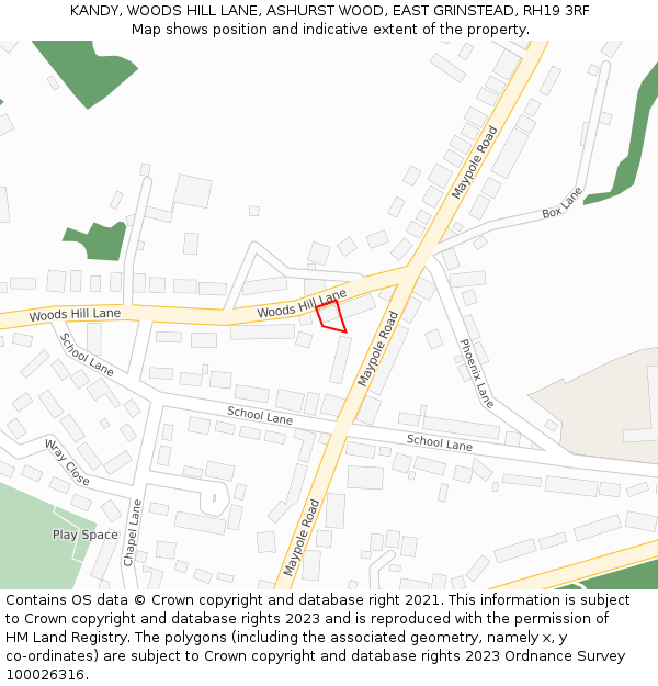 KANDY, WOODS HILL LANE, ASHURST WOOD, EAST GRINSTEAD, RH19 3RF: Location map and indicative extent of plot