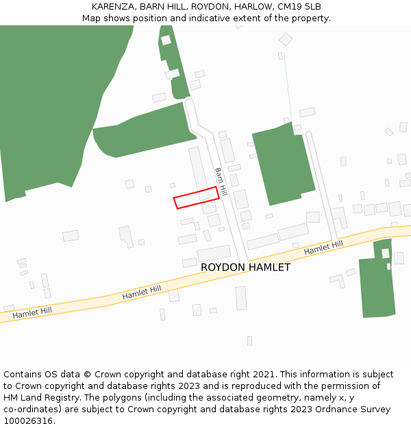 KARENZA, BARN HILL, ROYDON, HARLOW, CM19 5LB: Location map and indicative extent of plot