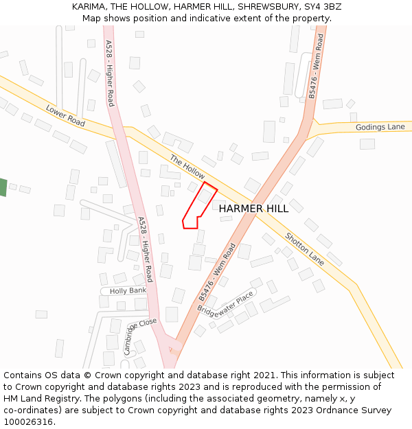 KARIMA, THE HOLLOW, HARMER HILL, SHREWSBURY, SY4 3BZ: Location map and indicative extent of plot