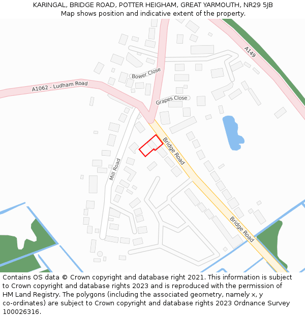 KARINGAL, BRIDGE ROAD, POTTER HEIGHAM, GREAT YARMOUTH, NR29 5JB: Location map and indicative extent of plot