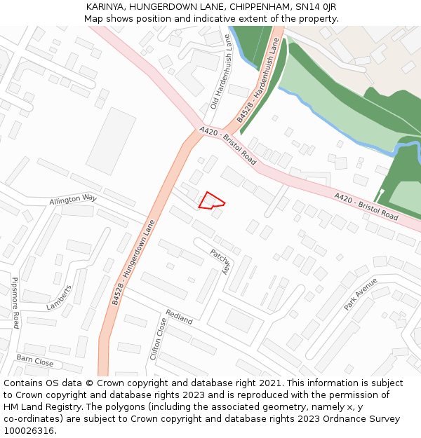 KARINYA, HUNGERDOWN LANE, CHIPPENHAM, SN14 0JR: Location map and indicative extent of plot